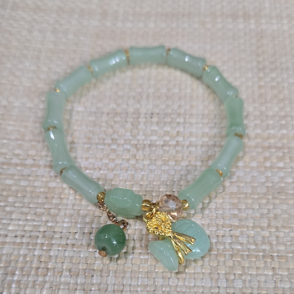 Gold Charm Mint Green Beaded Stretch Bracelet
